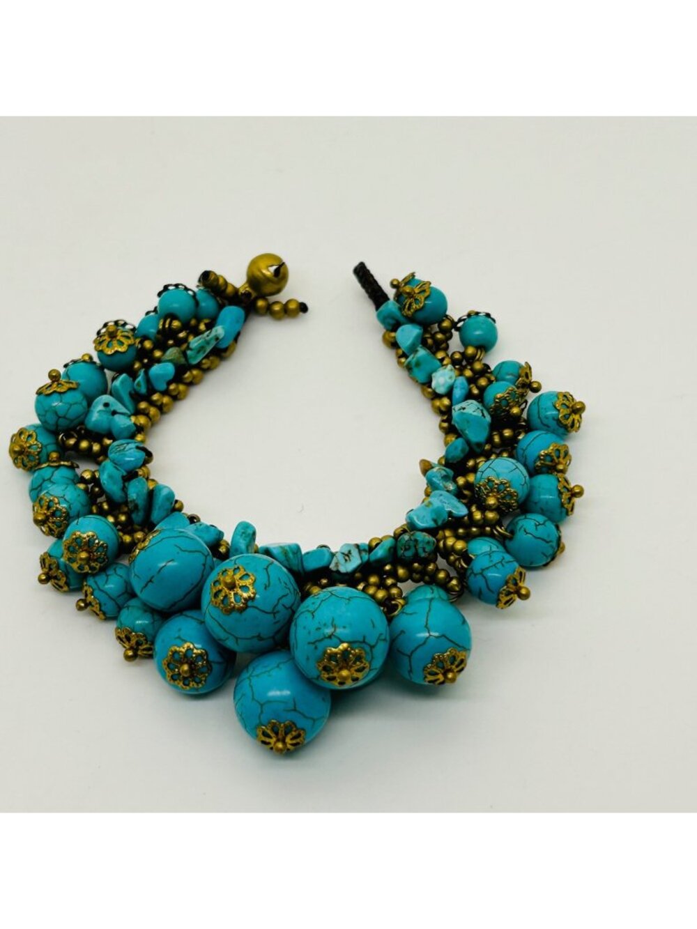 Chunky Turquoise Colored Multi Strand  Woven Cluster Gold Tone Toggle Vintage